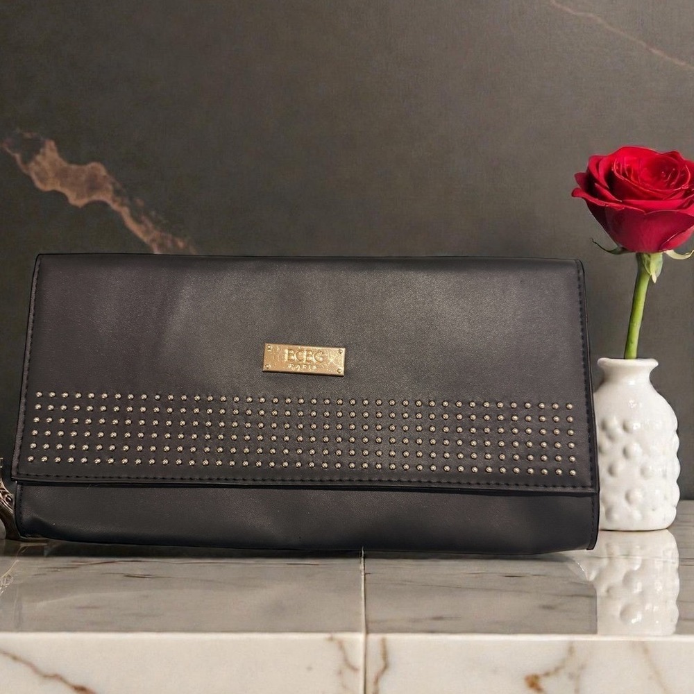 BCBG Paris Black Studded Envelope Clutch Evening Bag
